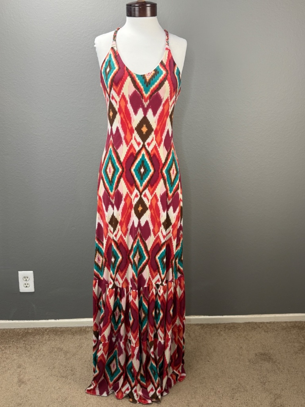 Sky Brand Tribal Print Maxi Dress Boho Diamond Pattern Braided Straps Sz L Y2K